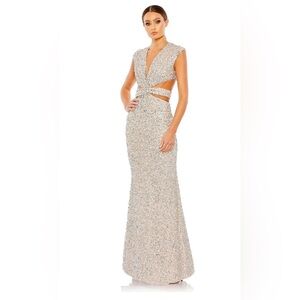 MAC DUGGAL SEQUINED CAP SLEEVE PLUNGE NECK CUT OUT GOWN